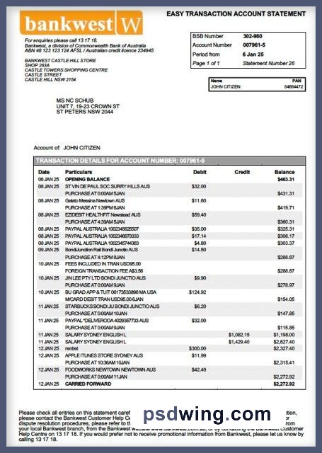 Australia Bankwest Account Statement